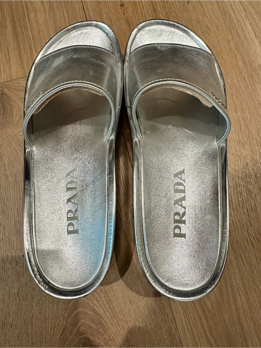 Prada Metallic Silver Saffiano Leather Slide Sandals